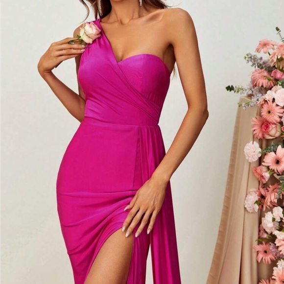Luxe one shoulder slit thighs party formal evening bridesmaids wedding dress - Picture 4 of 6